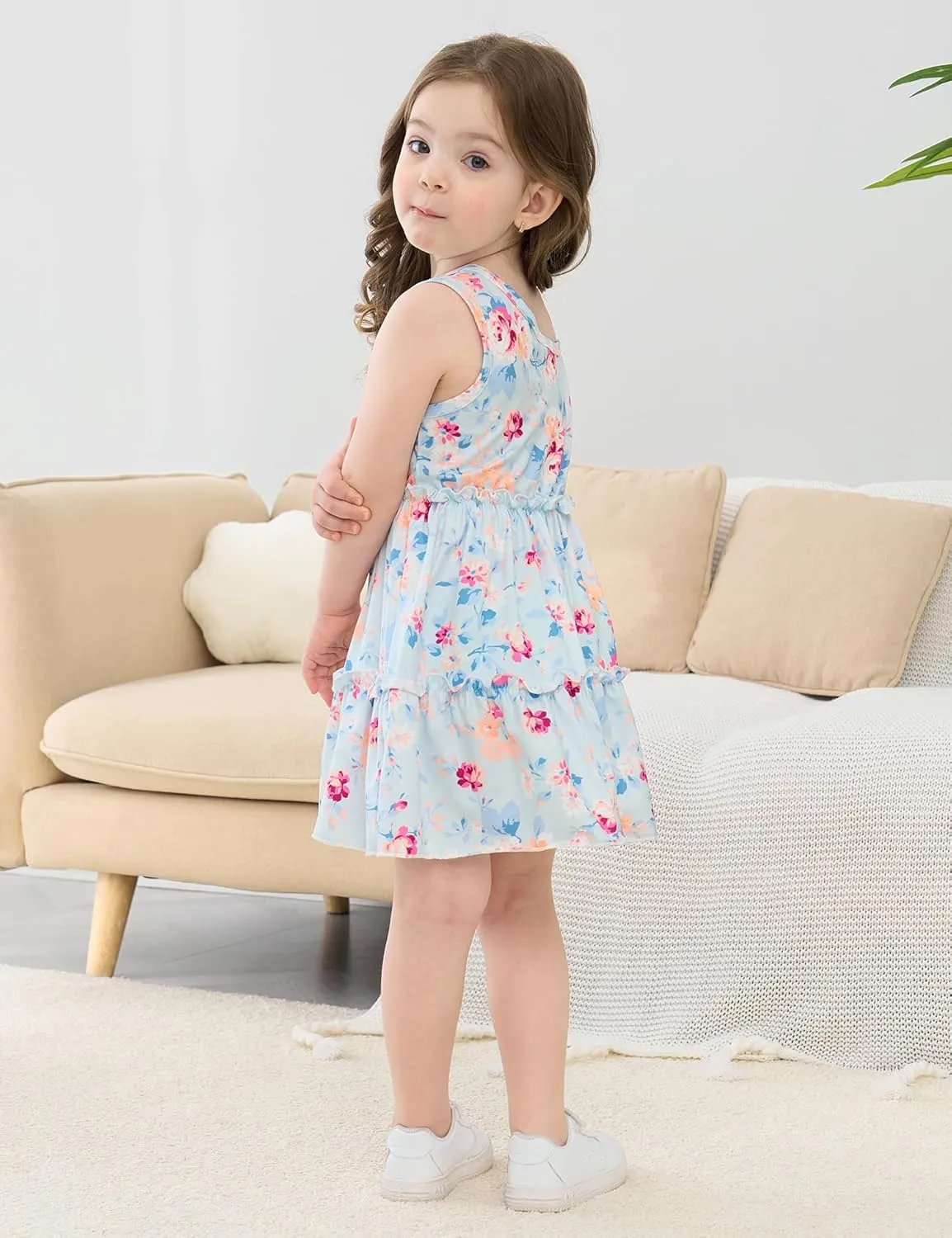 Little Girls Floral Dress - One Shoulder Twirl Tiered A-Line Toddler Party Dress Kids Summer Outfits for 2-8 Years