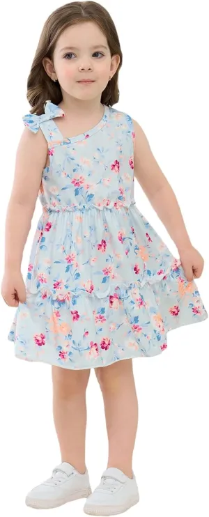 Little Girls Floral Dress - One Shoulder Twirl Tiered A-Line Toddler Party Dress Kids Summer Outfits for 2-8 Years
