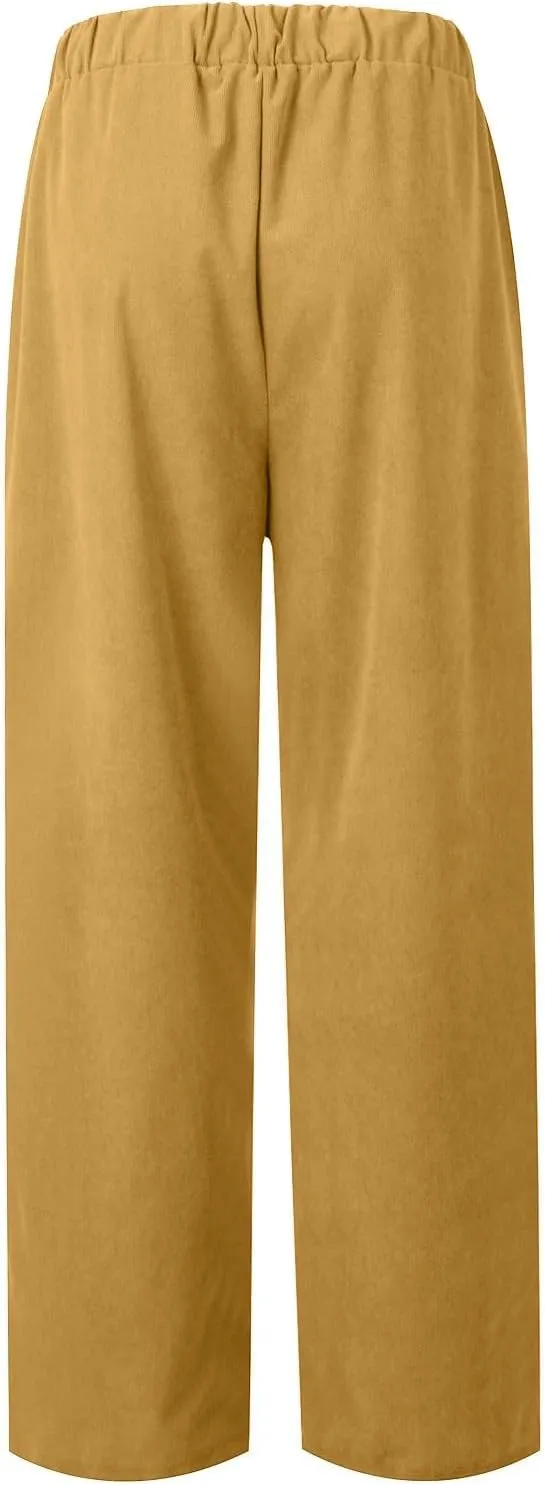LOAIHA Corduroy Pants for Women Casual Drawstring Elastic High Waist Straight Leg Pants Trousers with Pockets