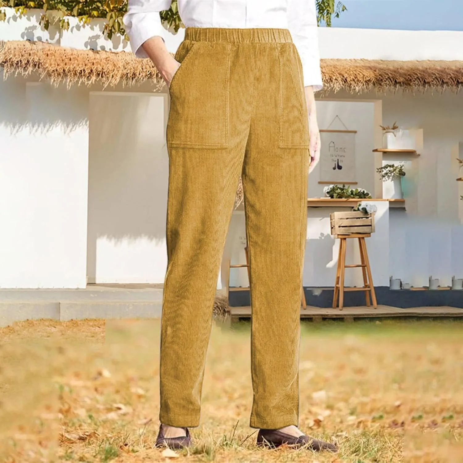LOAIHA Corduroy Pants for Women Casual Drawstring Elastic High Waist Straight Leg Pants Trousers with Pockets