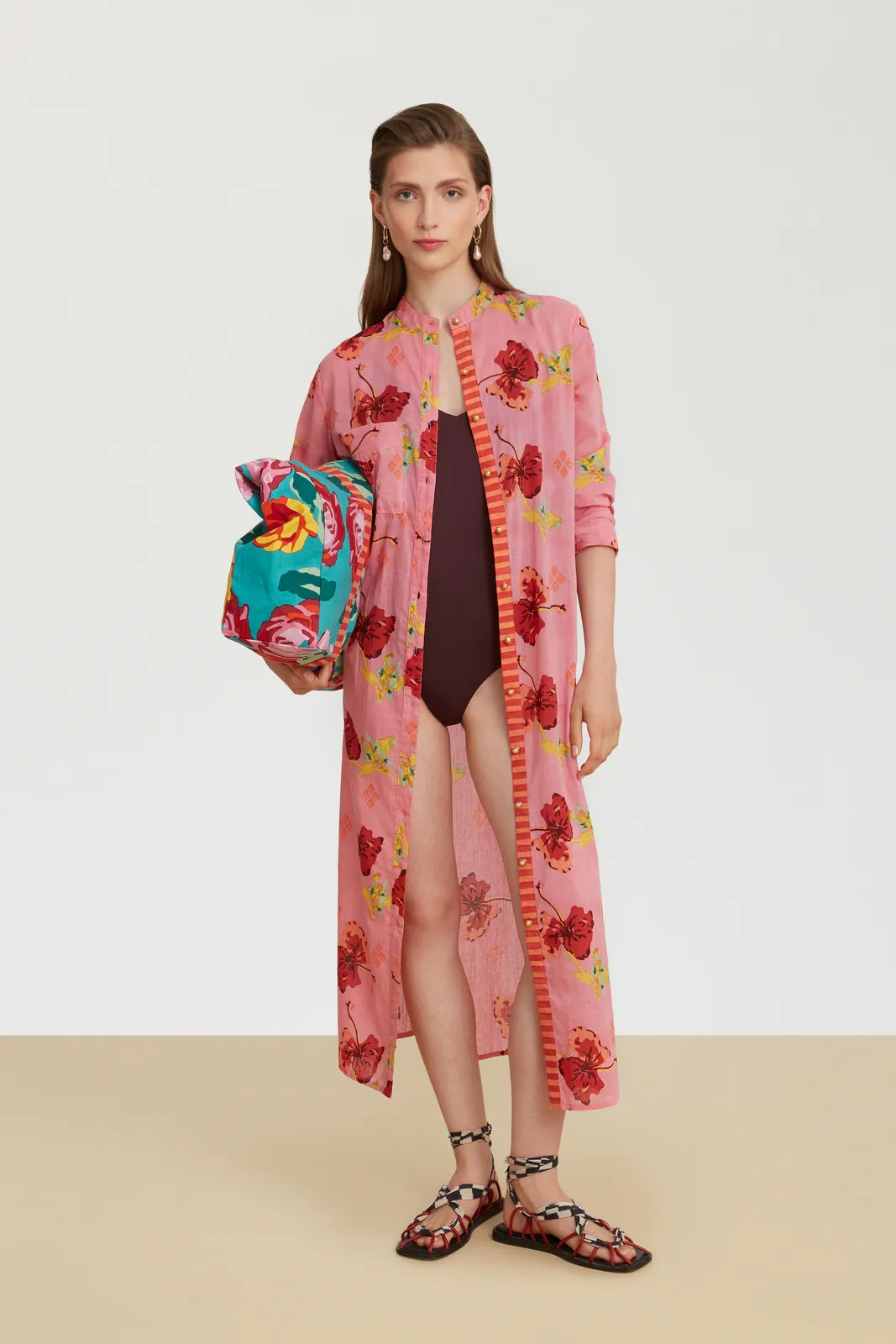 Long Open Kurta Robe in Pink Ibisco