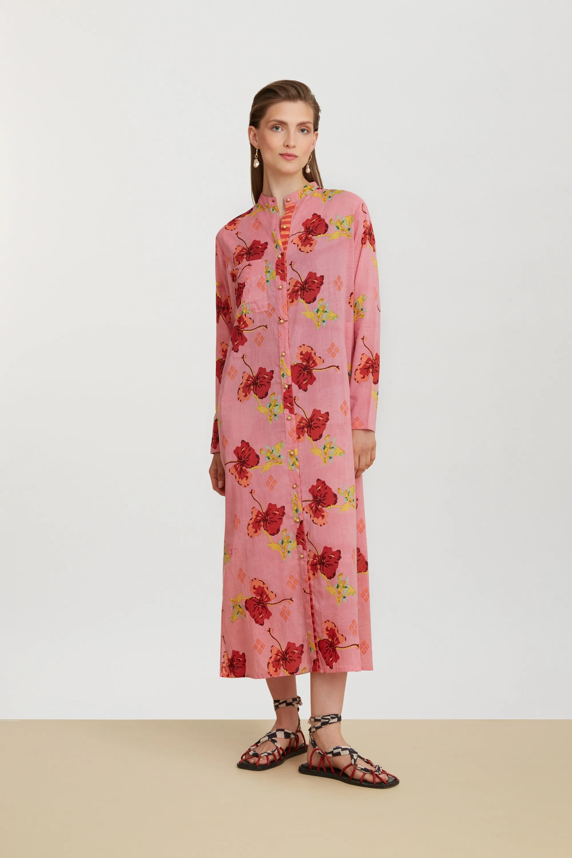 Long Open Kurta Robe in Pink Ibisco