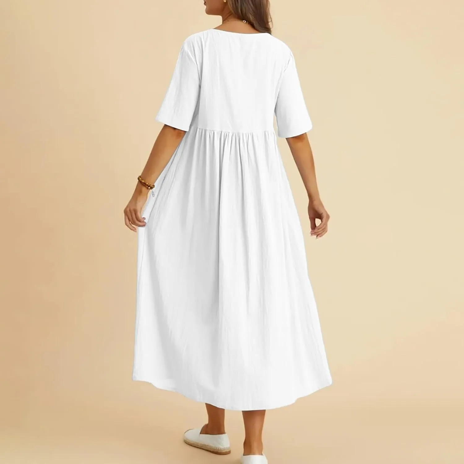 Loose Cotton and Linen Round Neck Five Point Sleeve Midi Dress Large Size Maxi Dress Casual Skirts for Women 2024