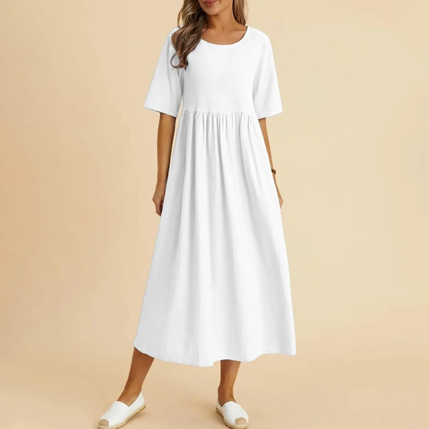 Loose Cotton and Linen Round Neck Five Point Sleeve Midi Dress Large Size Maxi Dress Casual Skirts for Women 2024