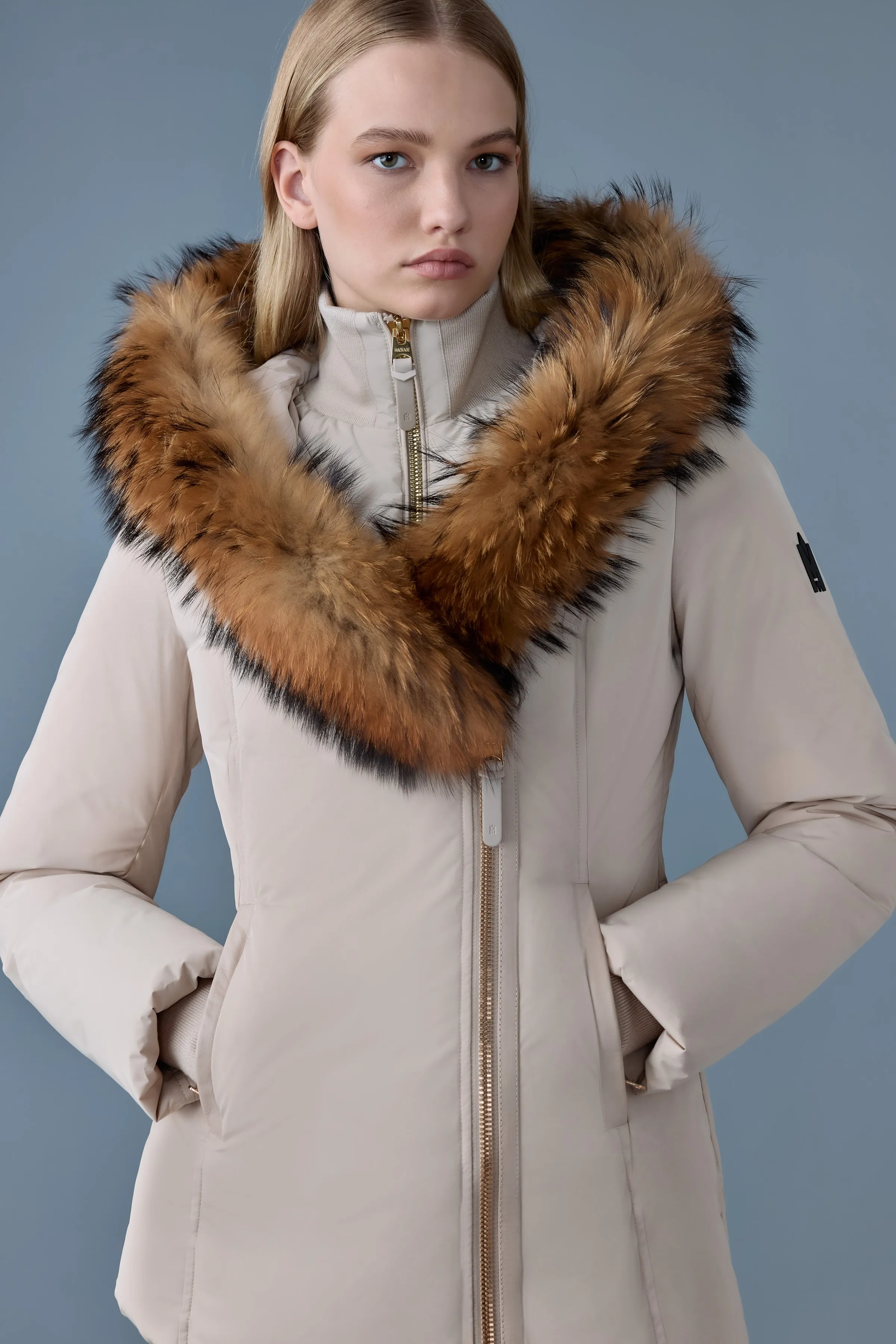 Mackage Down Coat with Natural Fur Collar in Trench/Gold