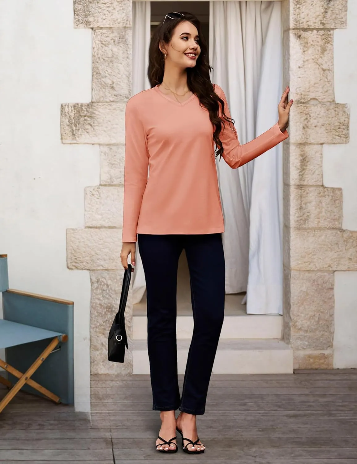 MAGCOMSEN Women's Long Sleeve Shirts V Neck Cotton Basic Tee Soft Breathable Casual Tops Cassic-Fit T-Shirt