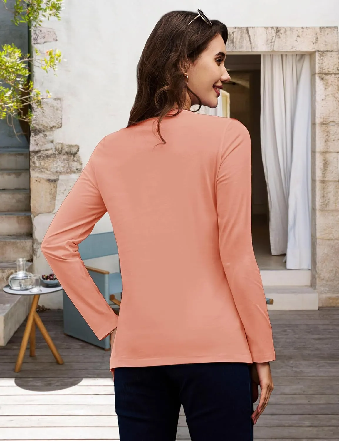 MAGCOMSEN Women's Long Sleeve Shirts V Neck Cotton Basic Tee Soft Breathable Casual Tops Cassic-Fit T-Shirt