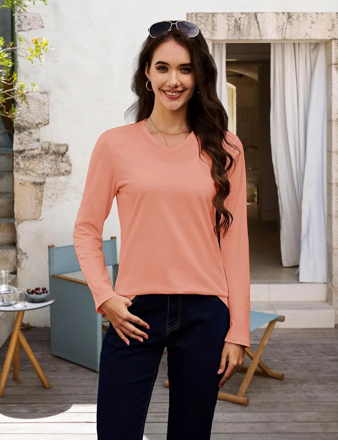 MAGCOMSEN Women's Long Sleeve Shirts V Neck Cotton Basic Tee Soft Breathable Casual Tops Cassic-Fit T-Shirt