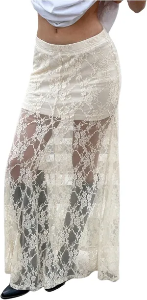 MakeMeChic Women's Floral Lace Sheer Maxi Skirt Ruched Elastic Waist A Line Long Skirts
