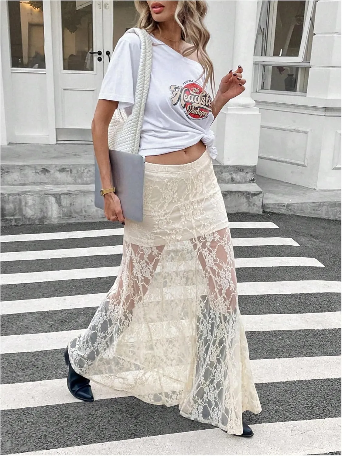 MakeMeChic Women's Floral Lace Sheer Maxi Skirt Ruched Elastic Waist A Line Long Skirts