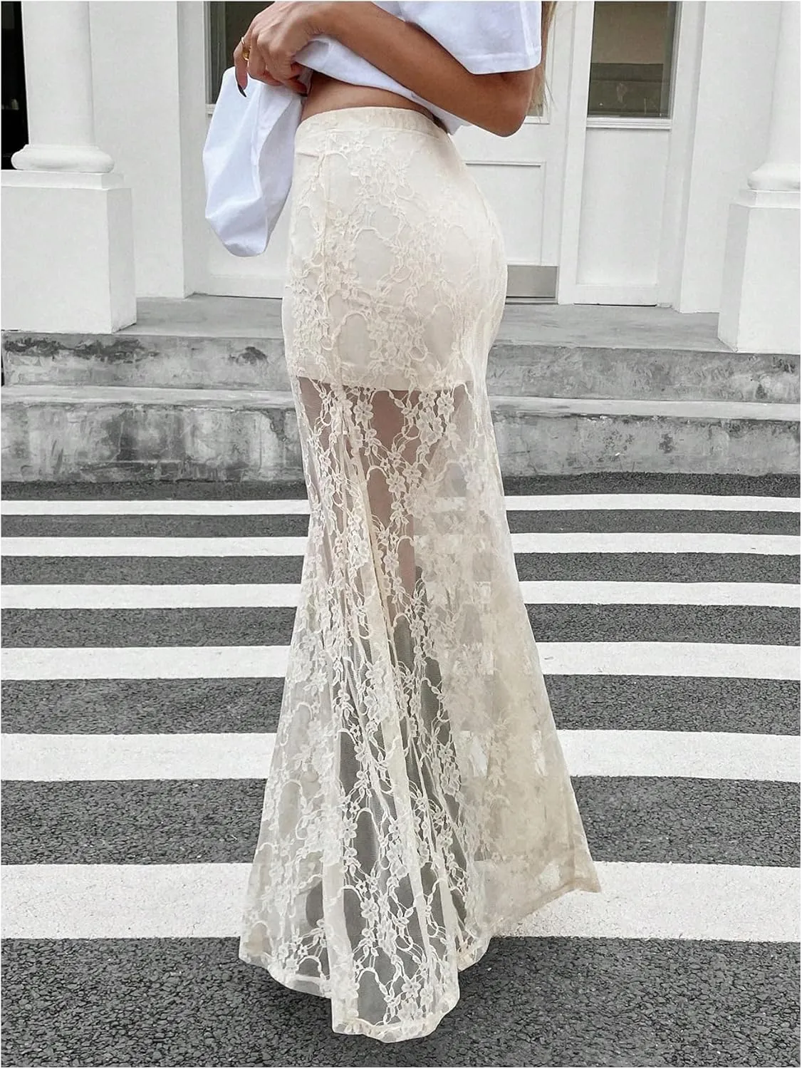 MakeMeChic Women's Floral Lace Sheer Maxi Skirt Ruched Elastic Waist A Line Long Skirts