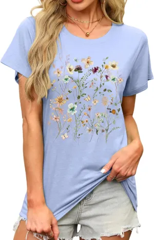 MAPICK Women's Floral Graphic Tees Short Sleeve Casual T-Shirts Boho Style Cute Summer Loose Fit Tops