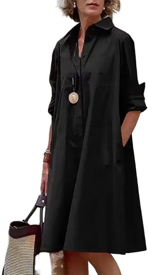 MARSVOVO Boho Shirt Dress for Women Summer Button Down Elegant V Neck 3/4 Sleeve Floral Print A-line Business Midi Dress