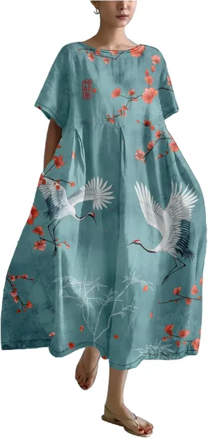 MARSVOVO Plus Size Dresses for Women 2024 Boho Maxi Dress Vintage Chinese Ink Painting Floral Print Casual Chiffon Dress