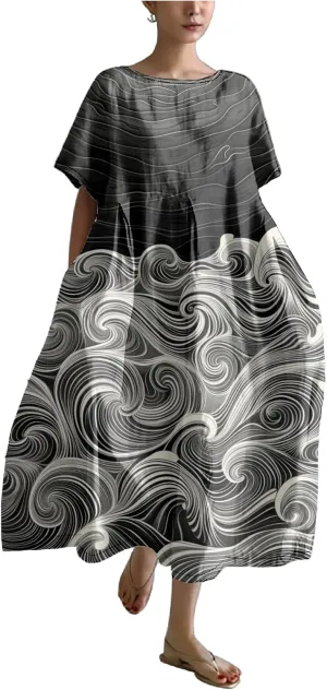 MARSVOVO Plus Size Dresses for Women 2024 Boho Maxi Dress Vintage Chinese Ink Painting Floral Print Casual Chiffon Dress