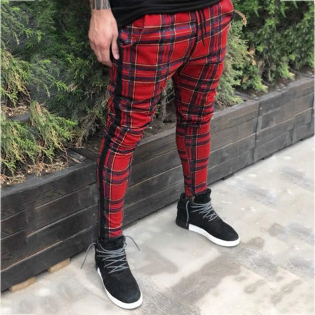 Maryia Men's Casual Plaid Trousers Flat-Front Skinny Slim Fit Track Chino Pants Running Sport Joggers Sweatpants