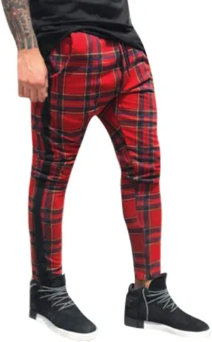 Maryia Men's Casual Plaid Trousers Flat-Front Skinny Slim Fit Track Chino Pants Running Sport Joggers Sweatpants