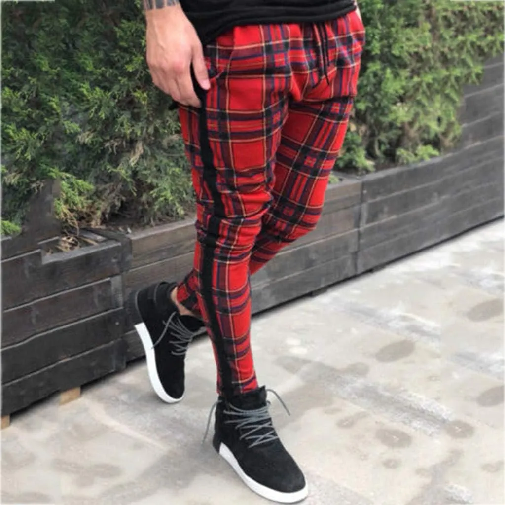 Maryia Men's Casual Plaid Trousers Flat-Front Skinny Slim Fit Track Chino Pants Running Sport Joggers Sweatpants