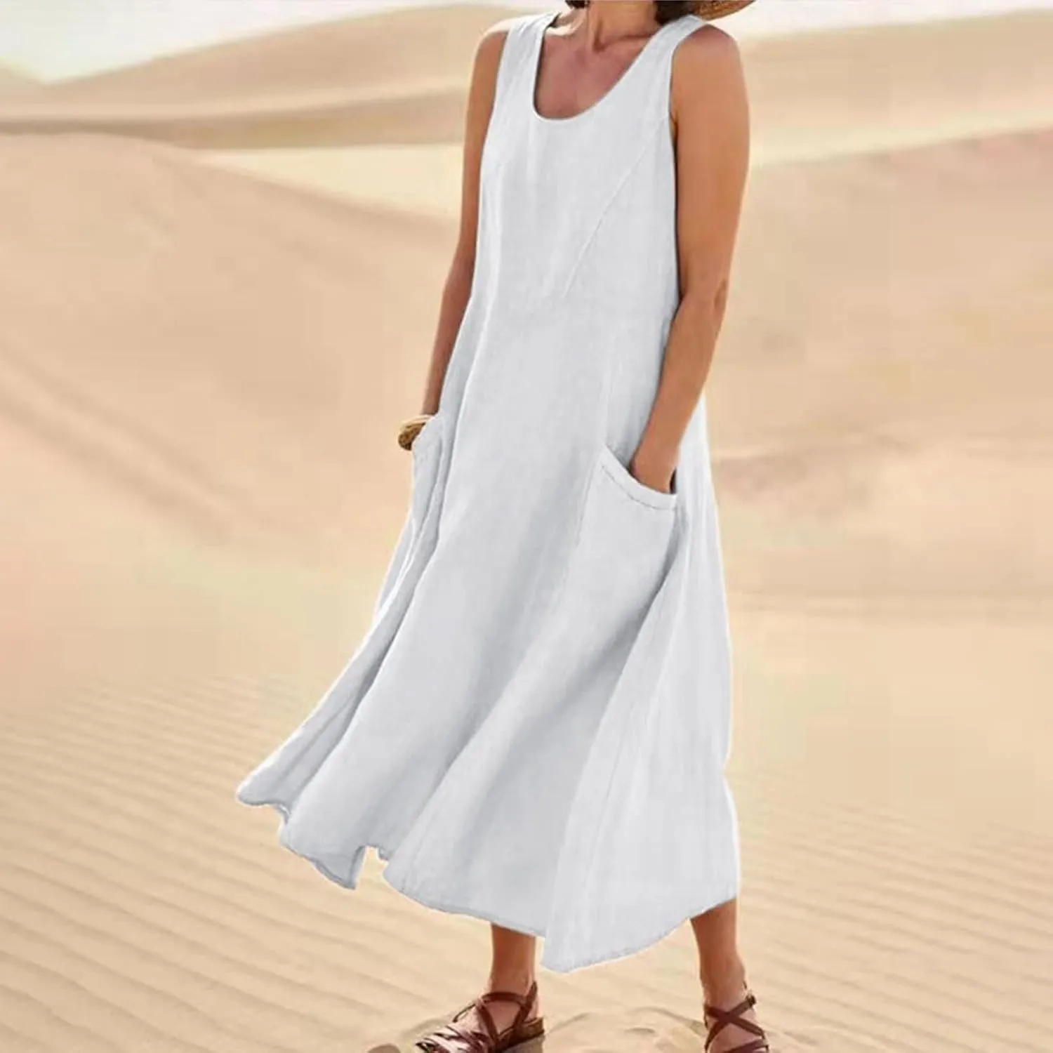 Maxi Dress for Women,2024 Summer Trendy Plain Plus Size Cotton Linen Dress,Casual Crewneck Sleeveless Flowy Sundress