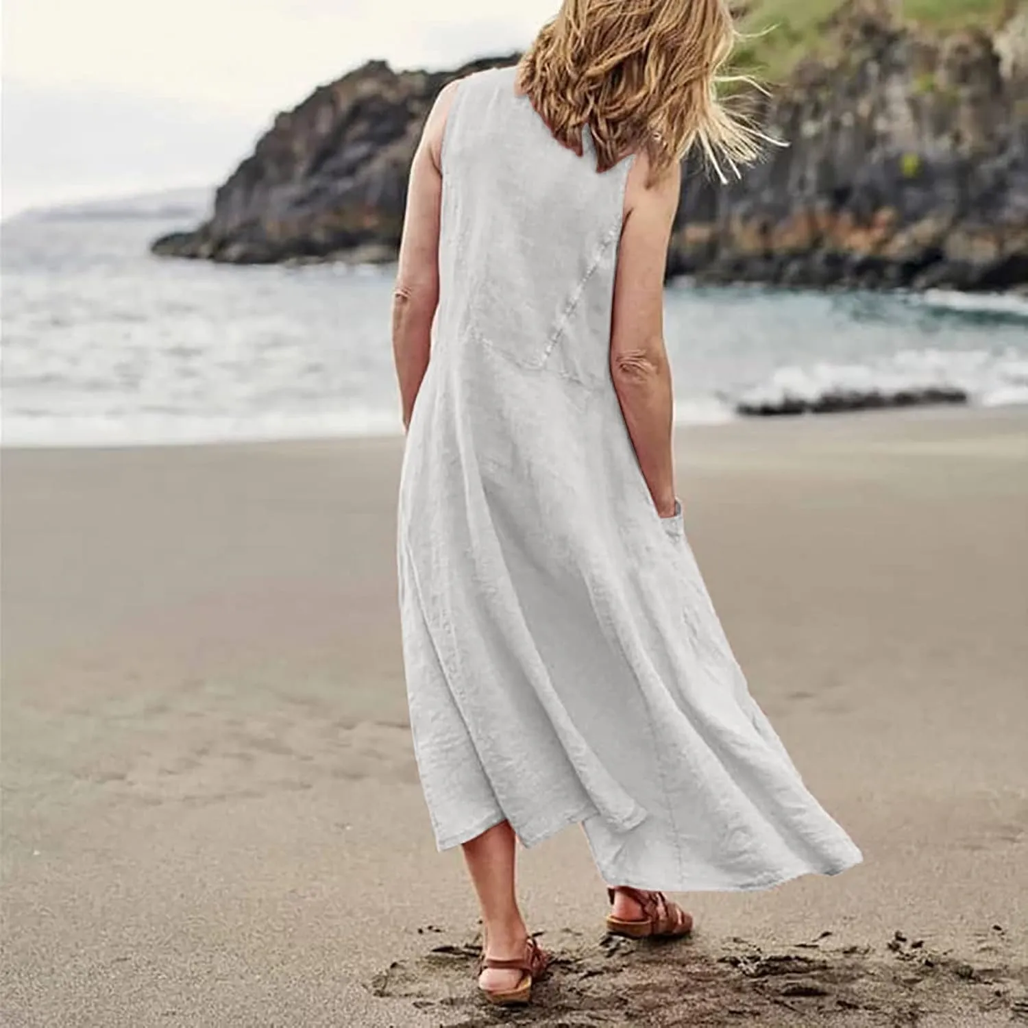 Maxi Dress for Women,2024 Summer Trendy Plain Plus Size Cotton Linen Dress,Casual Crewneck Sleeveless Flowy Sundress