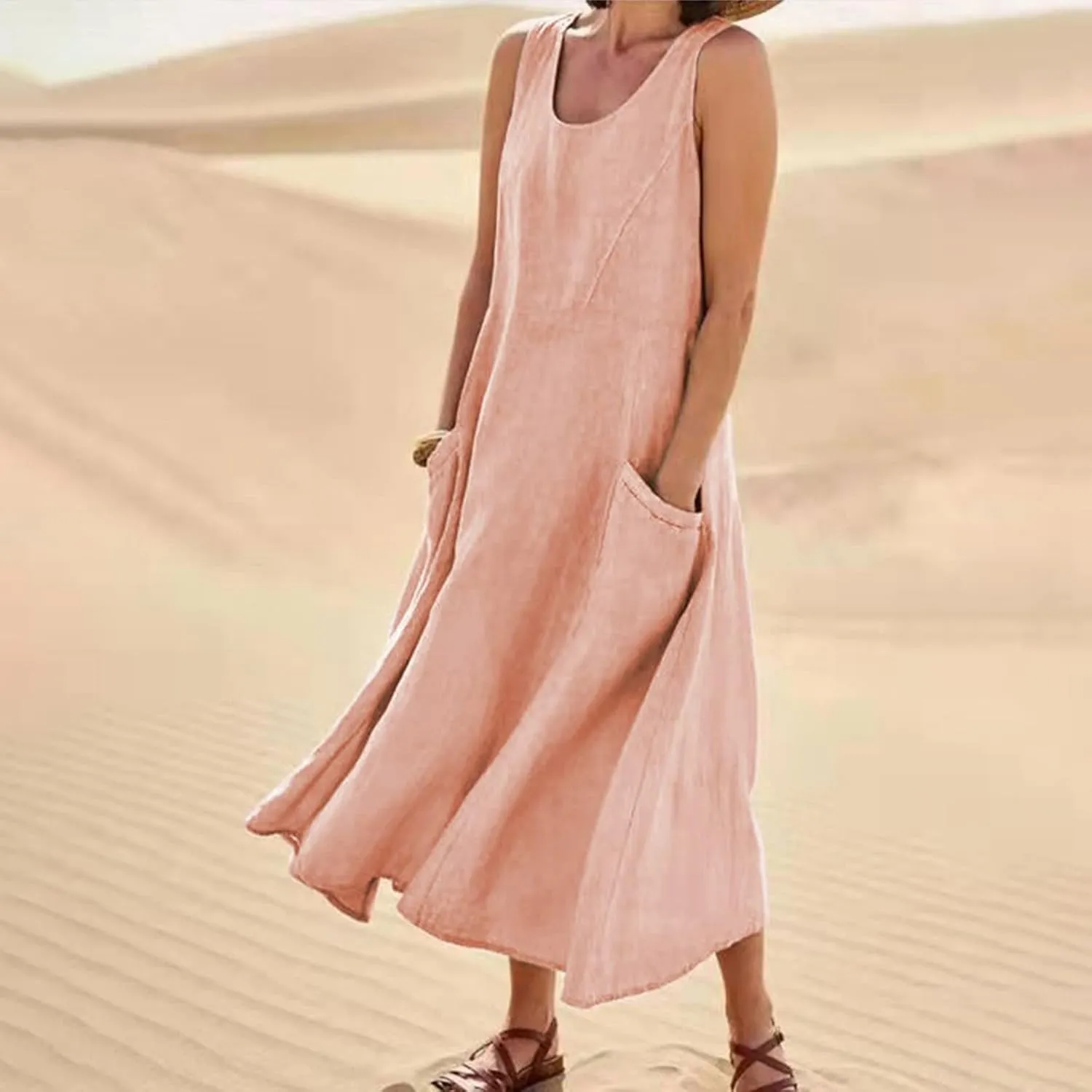 Maxi Dress for Women,2024 Summer Trendy Plain Plus Size Cotton Linen Dress,Casual Crewneck Sleeveless Flowy Sundress