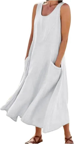 Maxi Dress for Women,2024 Summer Trendy Plain Plus Size Cotton Linen Dress,Casual Crewneck Sleeveless Flowy Sundress