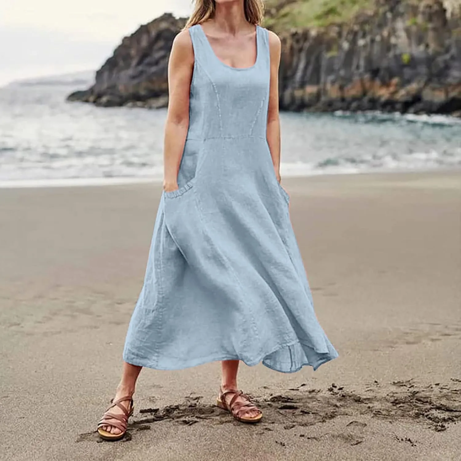 Maxi Dress for Women,2024 Summer Trendy Plain Plus Size Cotton Linen Dress,Casual Crewneck Sleeveless Flowy Sundress