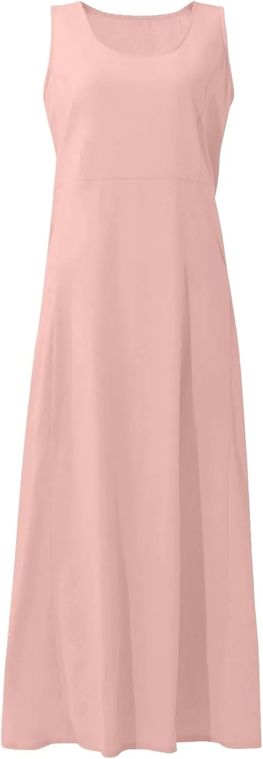 Maxi Dress for Women,2024 Summer Trendy Plain Plus Size Cotton Linen Dress,Casual Crewneck Sleeveless Flowy Sundress