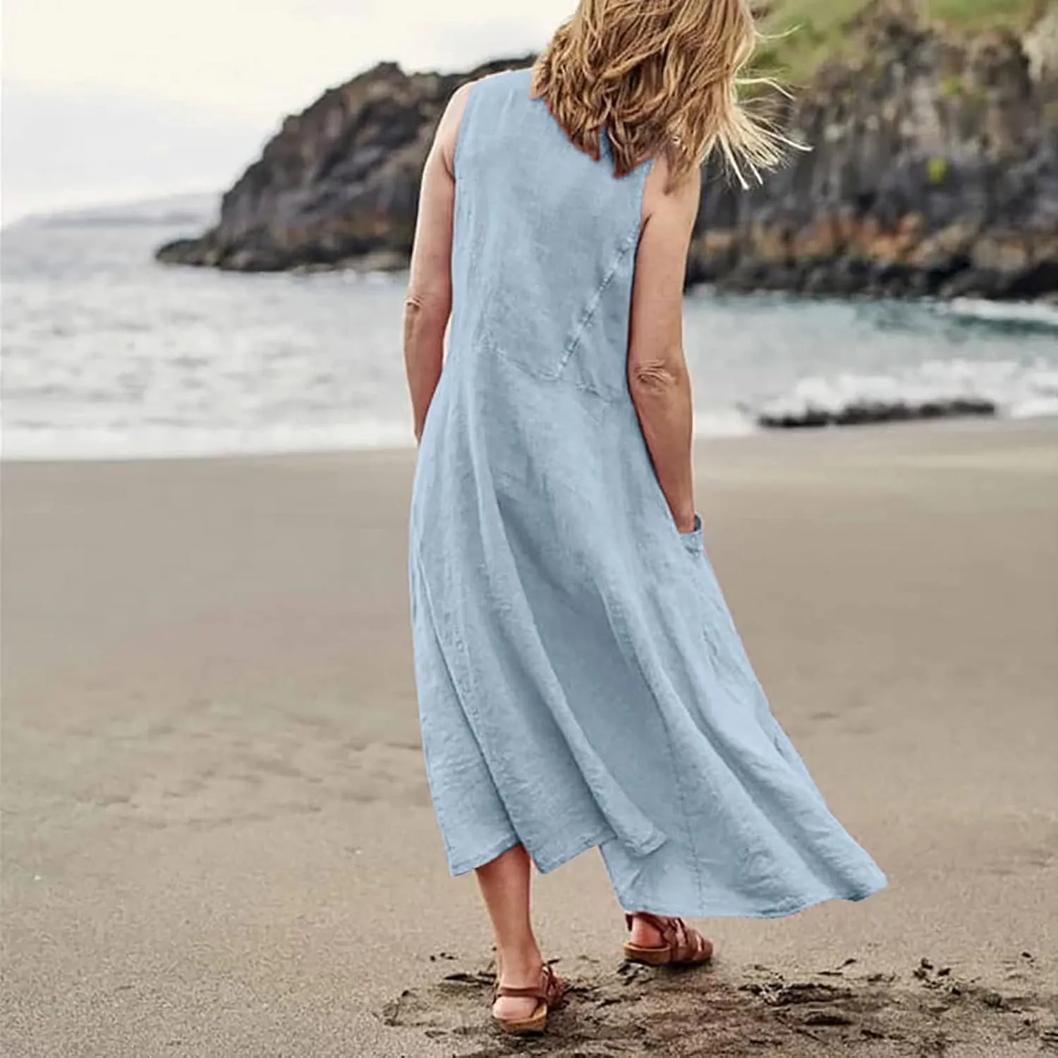 Maxi Dress for Women,2024 Summer Trendy Plain Plus Size Cotton Linen Dress,Casual Crewneck Sleeveless Flowy Sundress