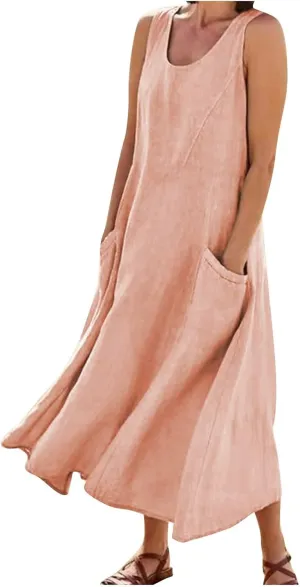 Maxi Dress for Women,2024 Summer Trendy Plain Plus Size Cotton Linen Dress,Casual Crewneck Sleeveless Flowy Sundress