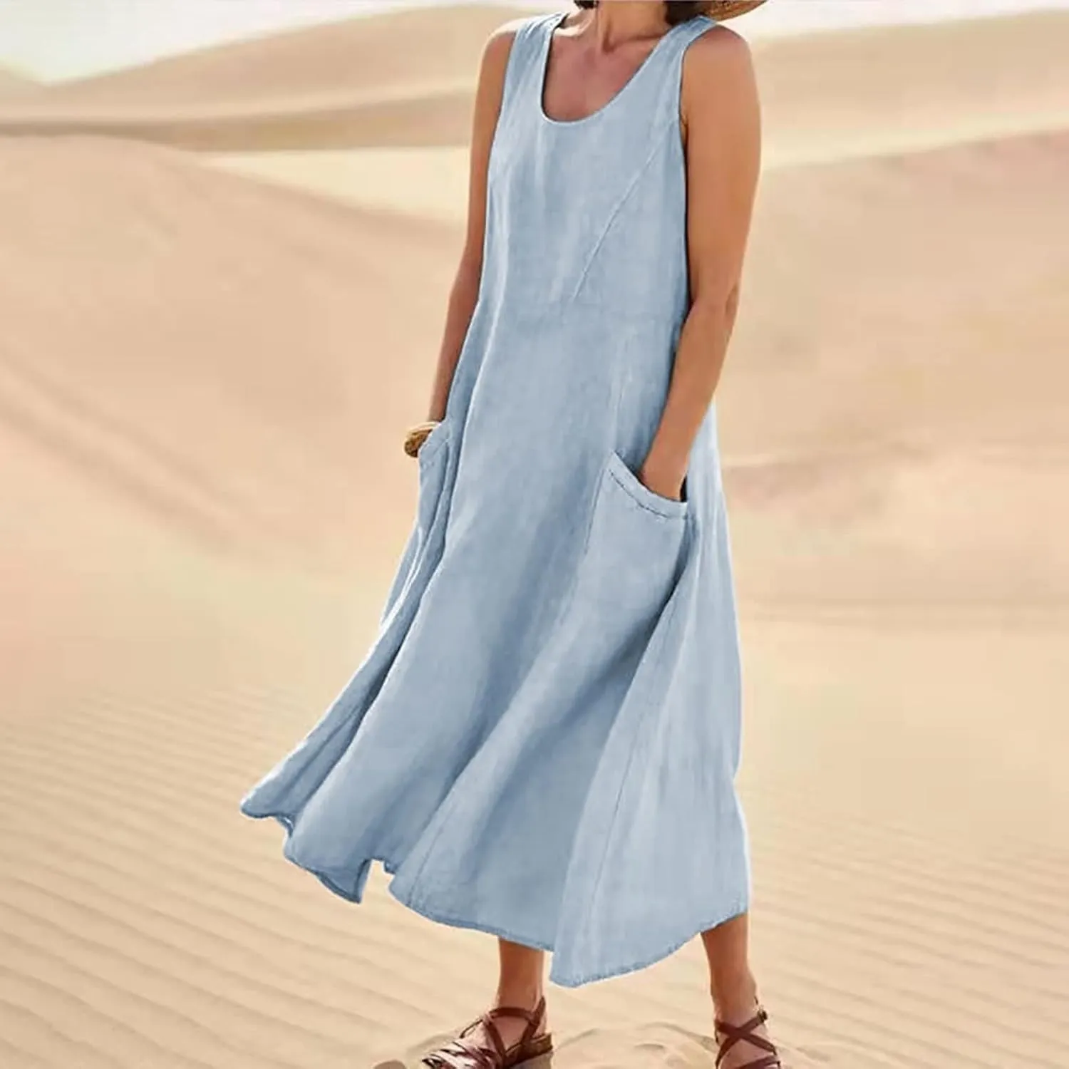Maxi Dress for Women,2024 Summer Trendy Plain Plus Size Cotton Linen Dress,Casual Crewneck Sleeveless Flowy Sundress