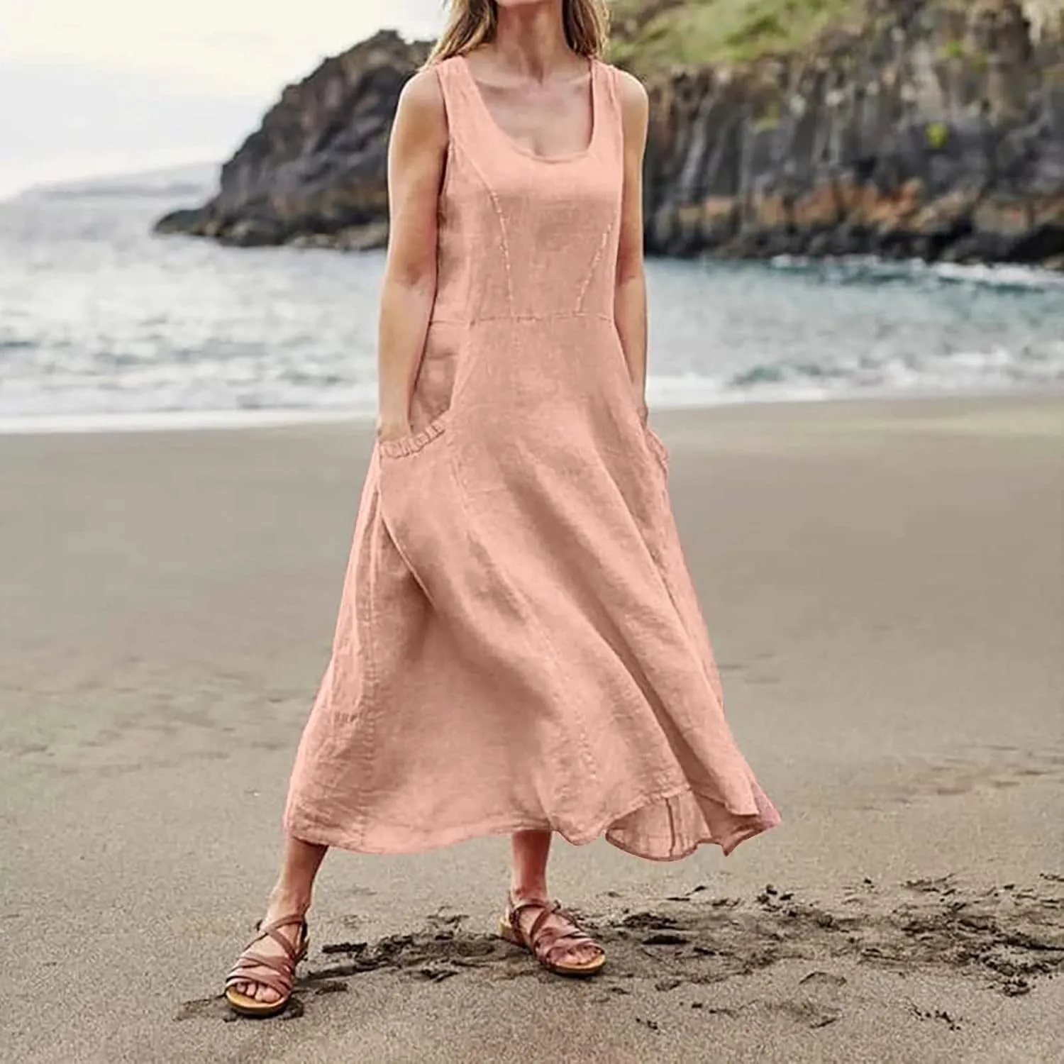 Maxi Dress for Women,2024 Summer Trendy Plain Plus Size Cotton Linen Dress,Casual Crewneck Sleeveless Flowy Sundress