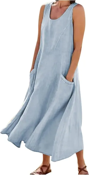 Maxi Dress for Women,2024 Summer Trendy Plain Plus Size Cotton Linen Dress,Casual Crewneck Sleeveless Flowy Sundress