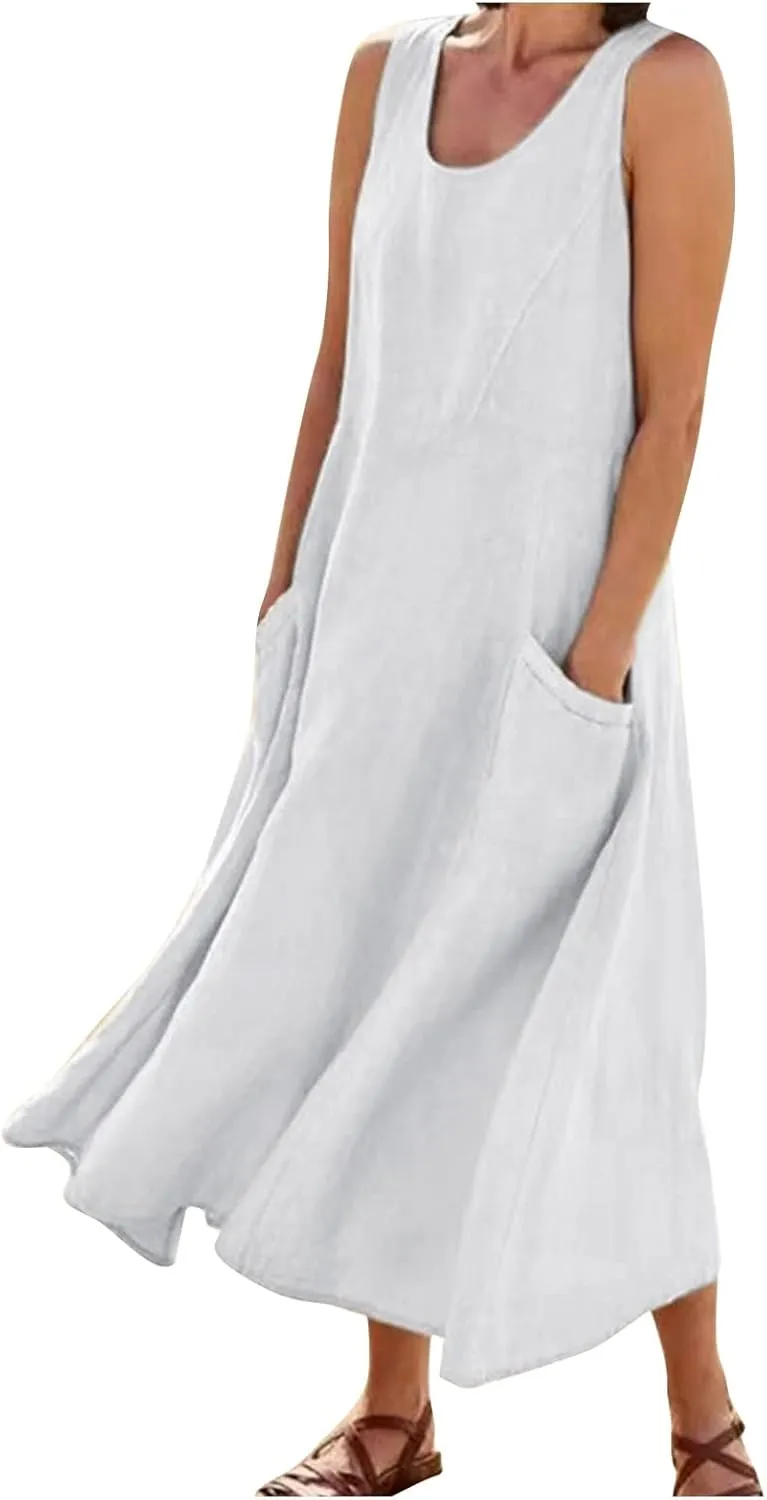 Maxi Dress for Women,2024 Summer Trendy Plain Plus Size Cotton Linen Dress,Casual Crewneck Sleeveless Flowy Sundress