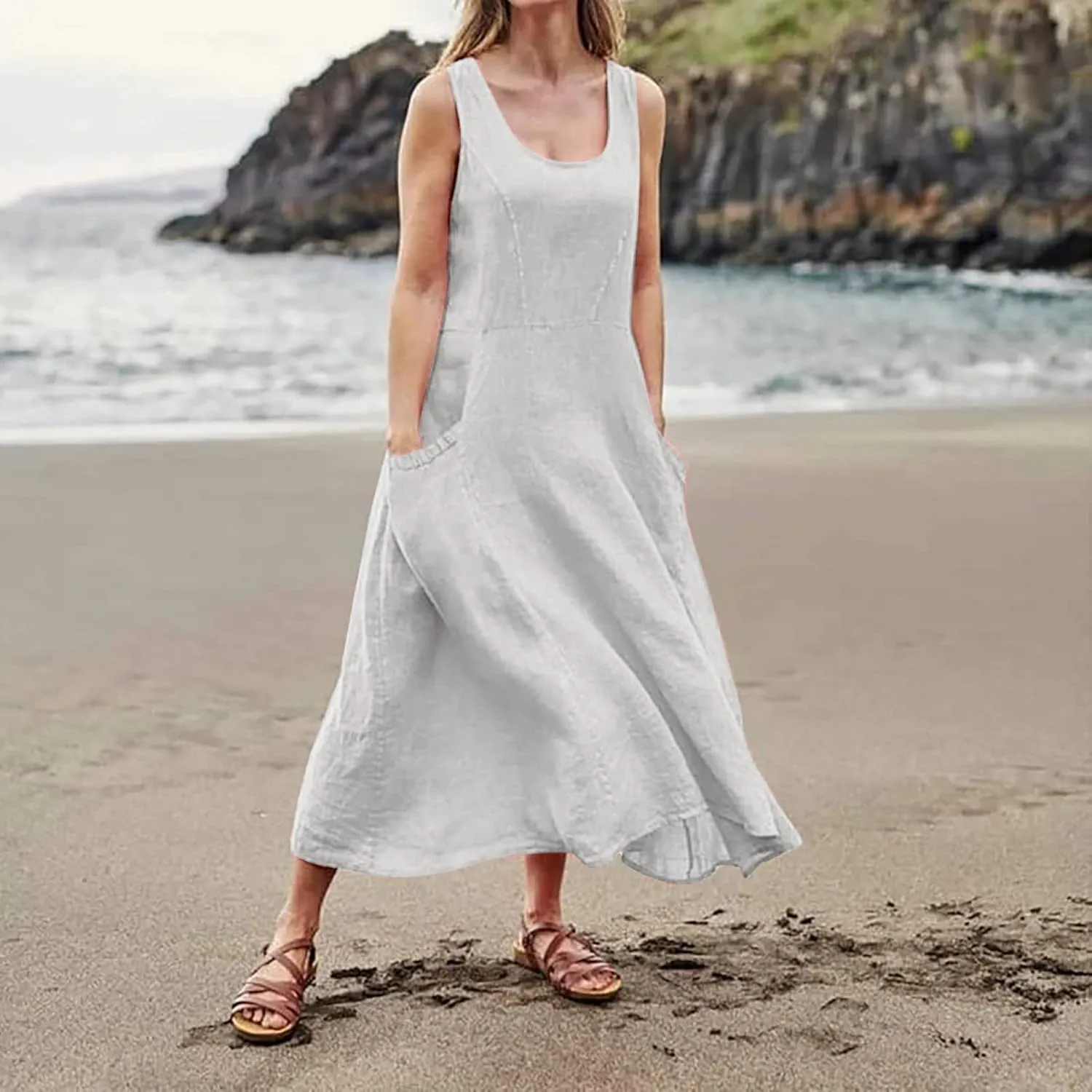 Maxi Dress for Women,2024 Summer Trendy Plain Plus Size Cotton Linen Dress,Casual Crewneck Sleeveless Flowy Sundress