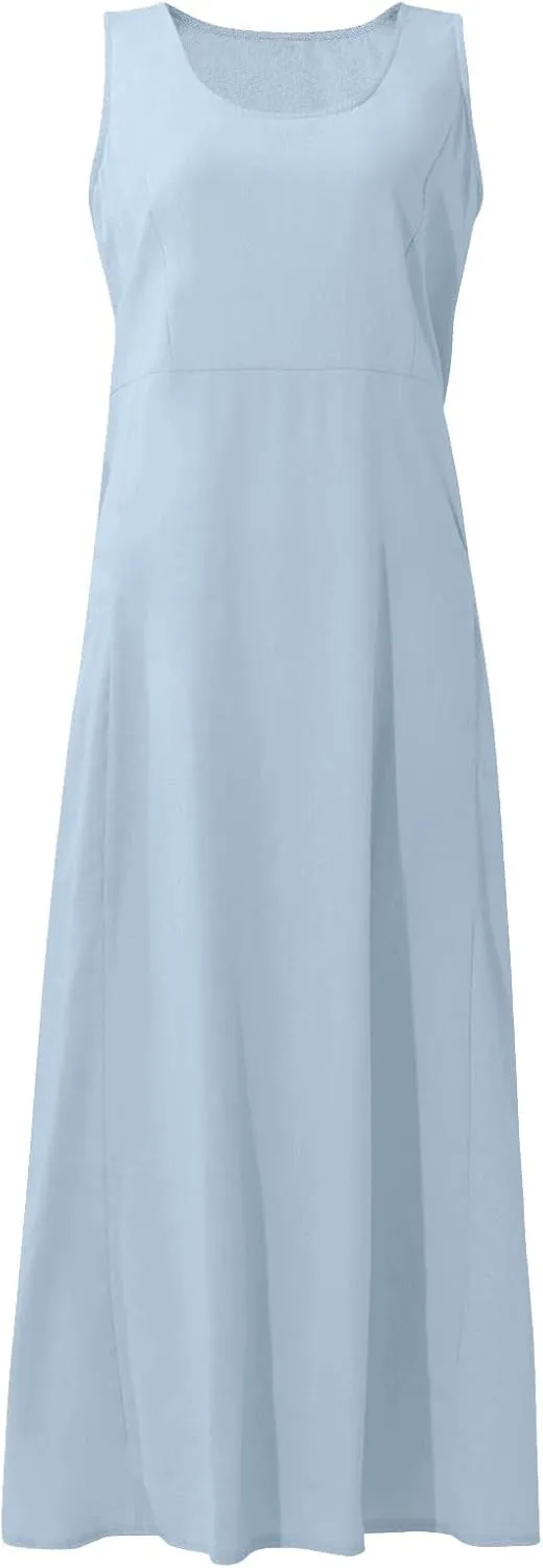 Maxi Dress for Women,2024 Summer Trendy Plain Plus Size Cotton Linen Dress,Casual Crewneck Sleeveless Flowy Sundress