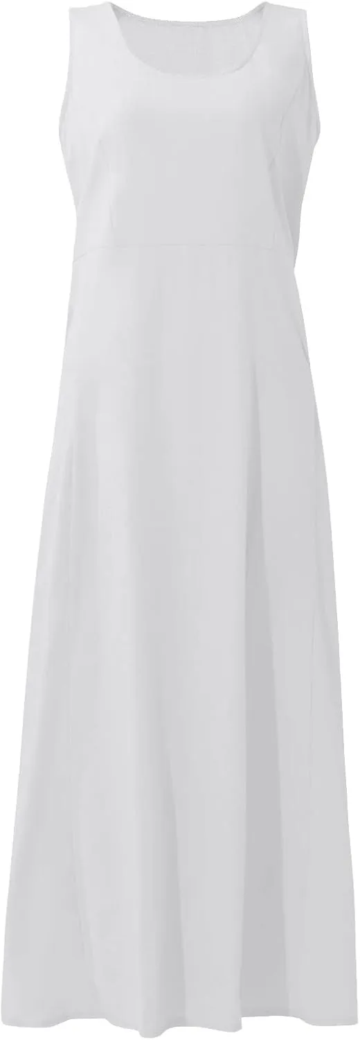 Maxi Dress for Women,2024 Summer Trendy Plain Plus Size Cotton Linen Dress,Casual Crewneck Sleeveless Flowy Sundress
