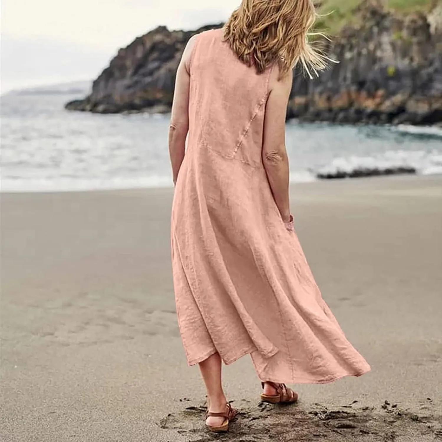 Maxi Dress for Women,2024 Summer Trendy Plain Plus Size Cotton Linen Dress,Casual Crewneck Sleeveless Flowy Sundress