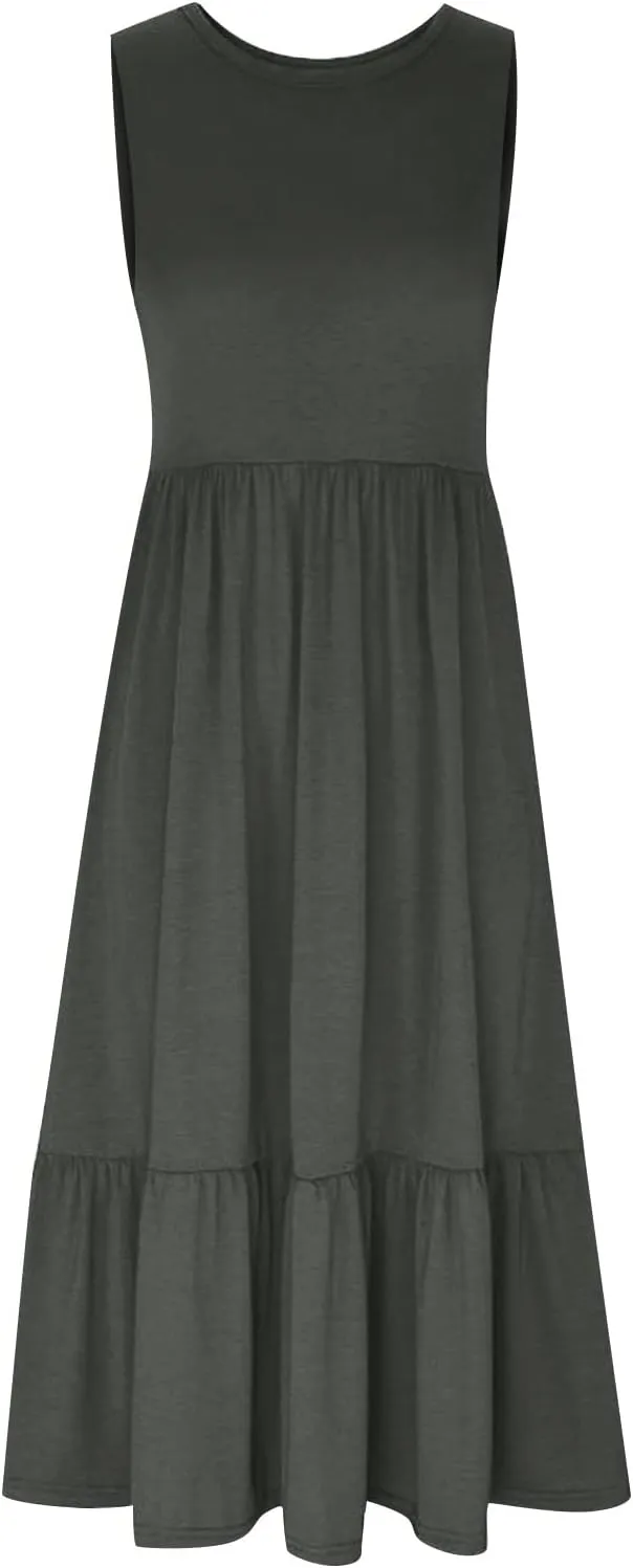Maxi Dresses for Women 2025 Sleeveless Crewneck Maxi Dress Ruffle Tiered Flowy Swing Dresses Ruch Flutter Sundress