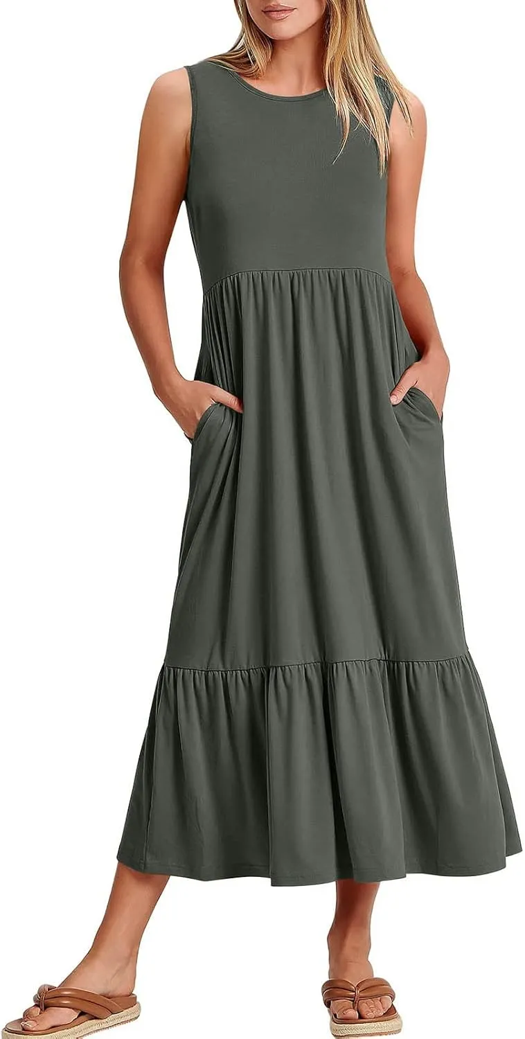 Maxi Dresses for Women 2025 Sleeveless Crewneck Maxi Dress Ruffle Tiered Flowy Swing Dresses Ruch Flutter Sundress