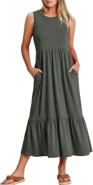 Maxi Dresses for Women 2025 Sleeveless Crewneck Maxi Dress Ruffle Tiered Flowy Swing Dresses Ruch Flutter Sundress