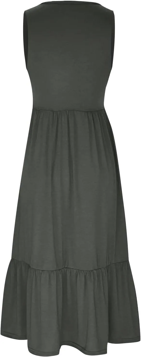 Maxi Dresses for Women 2025 Sleeveless Crewneck Maxi Dress Ruffle Tiered Flowy Swing Dresses Ruch Flutter Sundress
