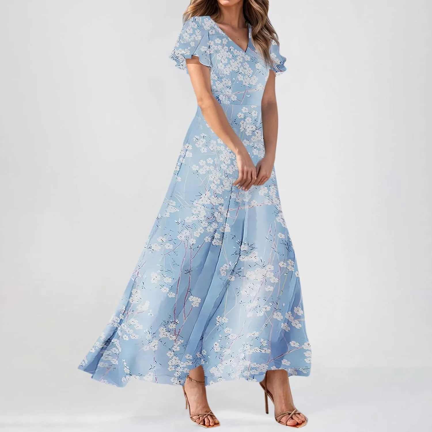 Maxi Dresses for Women,2025 Summer Trendy Floral Boho Dress,Casual V Neck Short Sleeve Chiffon Flowy Beach Dress