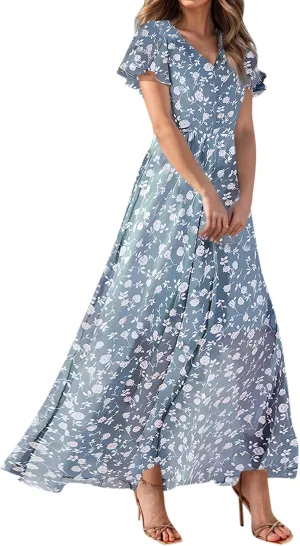Maxi Dresses for Women,2025 Summer Trendy Floral Boho Dress,Casual V Neck Short Sleeve Chiffon Flowy Beach Dress