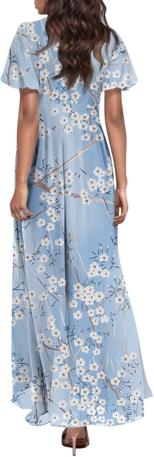 Maxi Dresses for Women,2025 Summer Trendy Floral Boho Dress,Casual V Neck Short Sleeve Chiffon Flowy Beach Dress