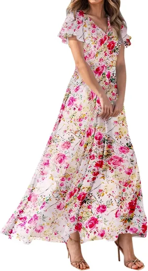 Maxi Dresses for Women,2025 Summer Trendy Floral Boho Dress,Casual V Neck Short Sleeve Chiffon Flowy Beach Dress