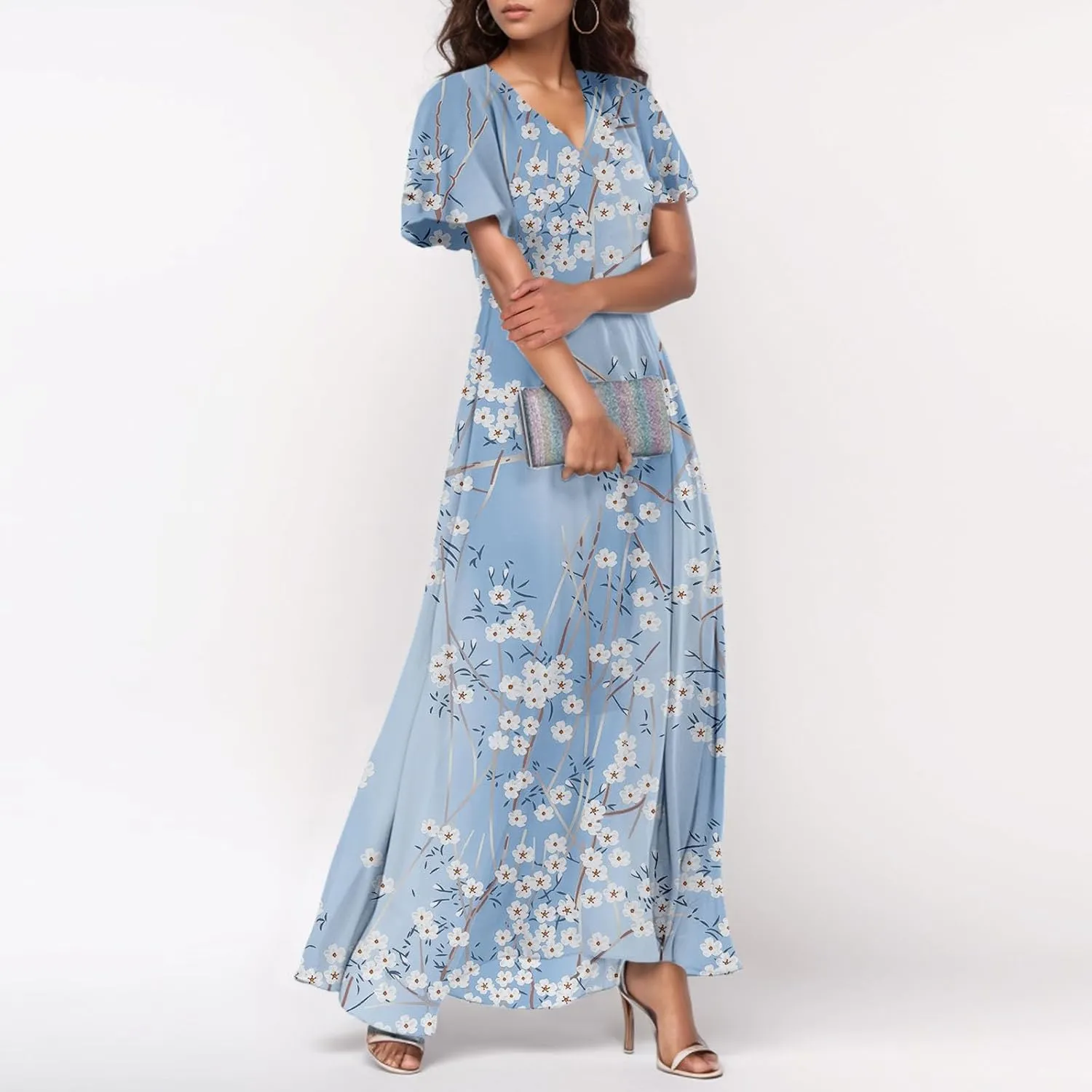 Maxi Dresses for Women,2025 Summer Trendy Floral Boho Dress,Casual V Neck Short Sleeve Chiffon Flowy Beach Dress