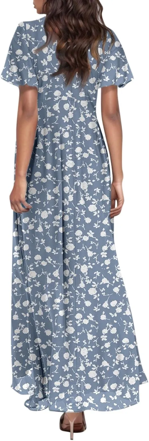 Maxi Dresses for Women,2025 Summer Trendy Floral Boho Dress,Casual V Neck Short Sleeve Chiffon Flowy Beach Dress