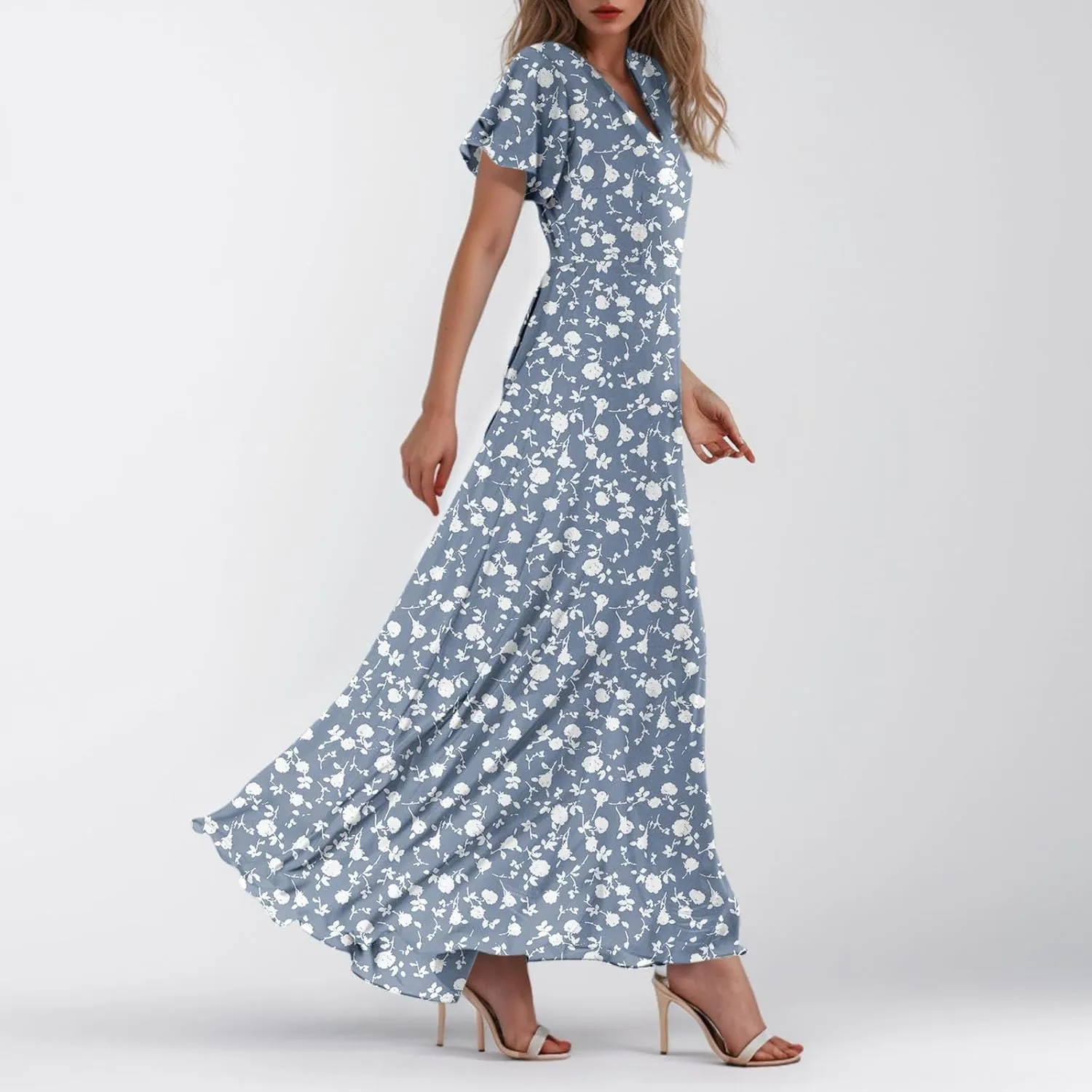 Maxi Dresses for Women,2025 Summer Trendy Floral Boho Dress,Casual V Neck Short Sleeve Chiffon Flowy Beach Dress