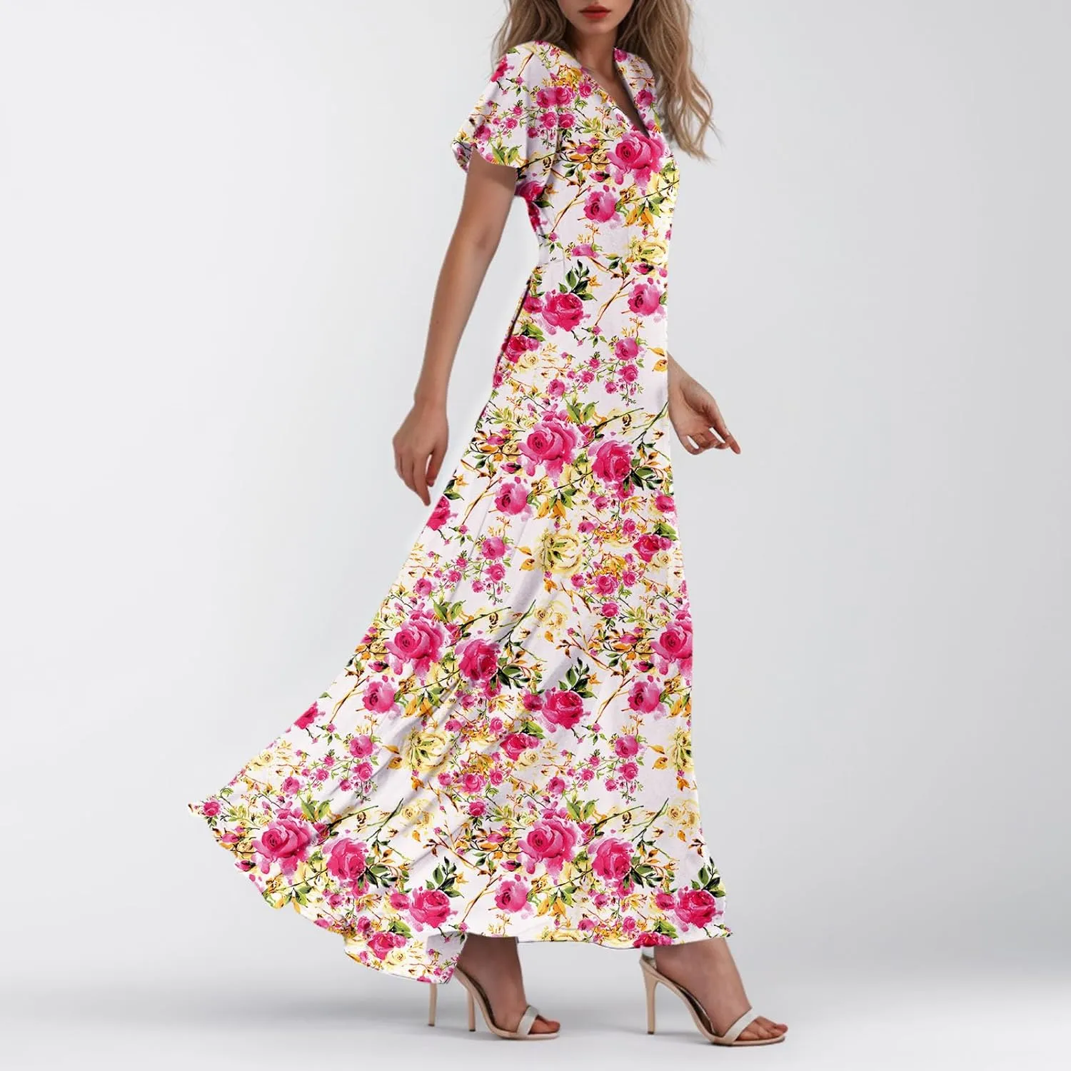 Maxi Dresses for Women,2025 Summer Trendy Floral Boho Dress,Casual V Neck Short Sleeve Chiffon Flowy Beach Dress
